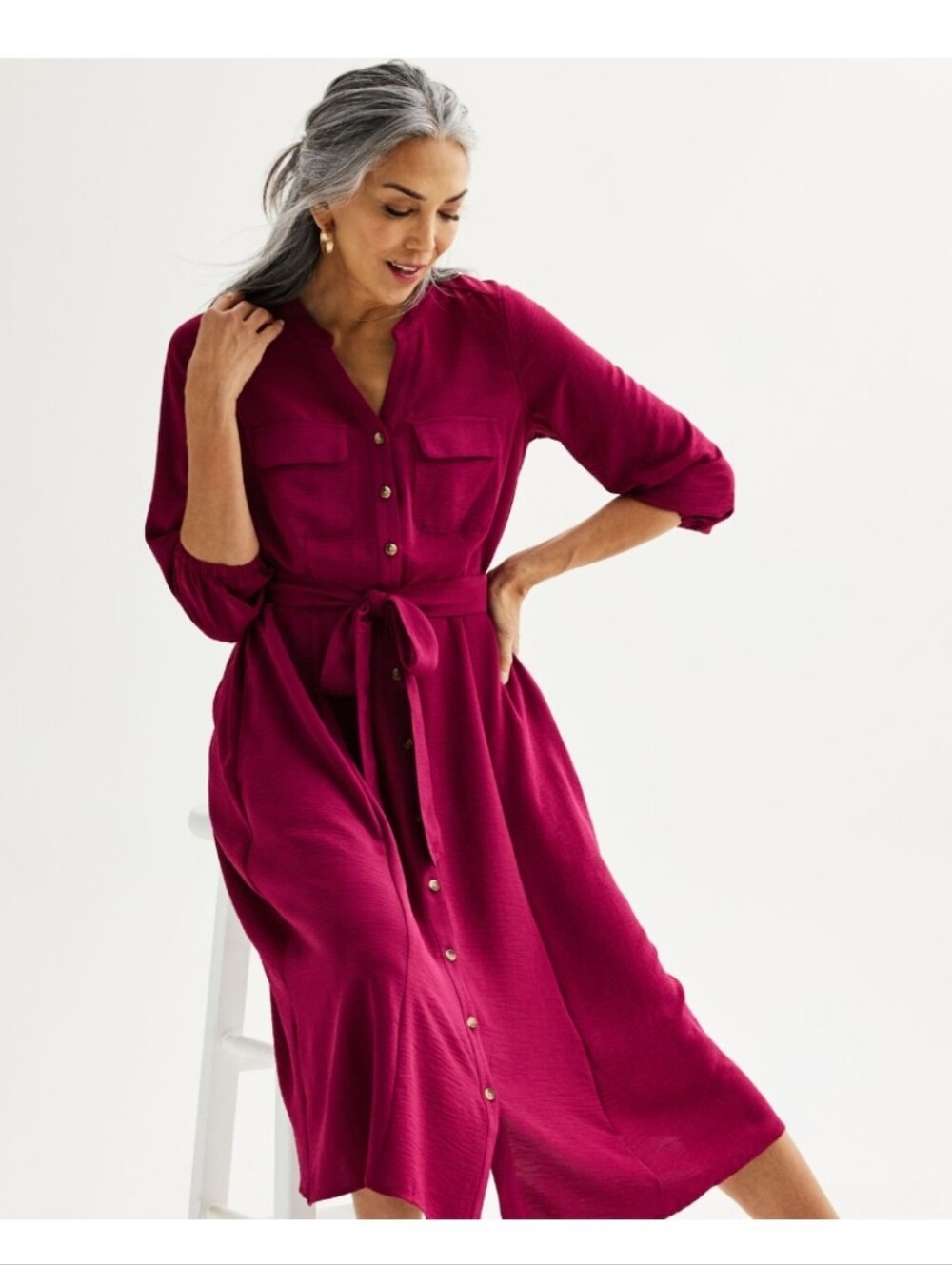 Croft & Barrow Y-Neck Button-Front Magenta Shirt Dress with Tie Waist